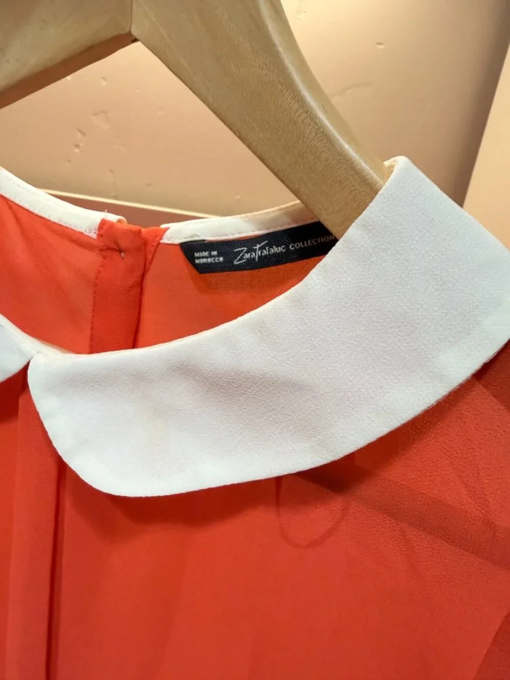 ZARA Sheer Chiffon Blouse with White Peter Pan Collar - Coral Red/Orange - S